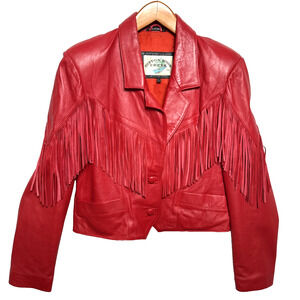 Vintage Red Leather Fringe Short Jacket Sz L Women's Retro Cowgirl Western Style
